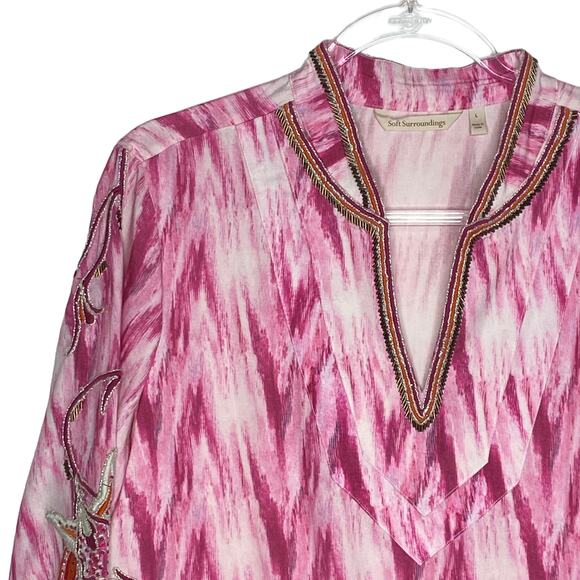 Soft Surroundings Womens Size Large Pink Altea Ikat Kimono Blouse Top Beaded - Picture 2 of 9
